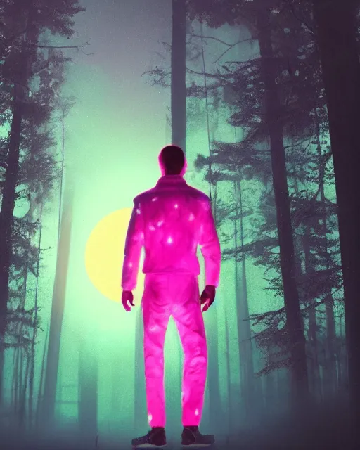 Image similar to man with pink glowing afro wearing disco jacket, standing in atmospheric spring forest at night, high contrast photoshop digital painting, beautiful moon lighting, best of artstation 4 k