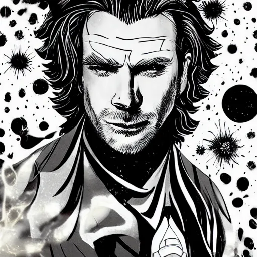 Prompt: black and white pen and ink!!!!!!! Ewan McGregor wearing cosmic space robes made of stars final form flowing royal hair golden!!!! Vagabond!!!!!!!! floating magic swordsman!!!! glides through a beautiful!!!!!!! Camellia flower battlefield dramatic esoteric!!!!!! Long hair flowing dancing illustrated in high detail!!!!!!!! by Moebius and Hiroya Oku!!!!!!!!! graphic novel published on 2049 award winning!!!! full body portrait!!!!! action exposition manga panel black and white Shonen Jump issue by David Lynch eraserhead and beautiful line art Hirohiko Araki!! Rossetti, Millais, Mucha, Jojo's Bizzare Adventure