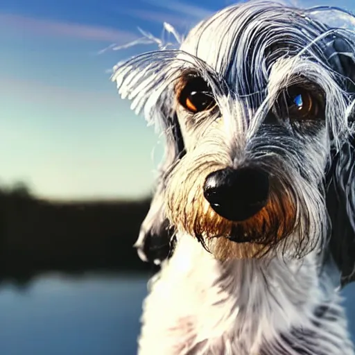 Prompt: an elderly, grey wire-haired dachshund floating in heaven, blue sky, surrounded by beautiful white clouds, with a halo over his head