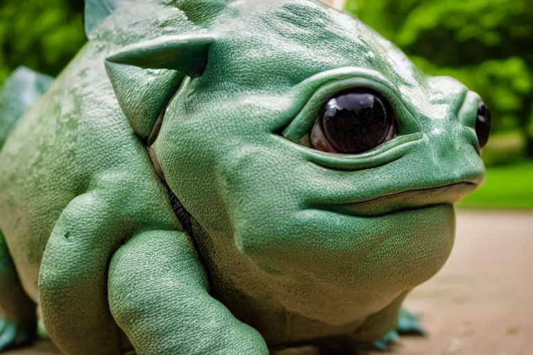 Image similar to closeup potrait of bulbasaur in central park, natural light, sharp, detailed face, magazine, press, photo, Steve McCurry, David Lazar, Canon, Nikon, focus