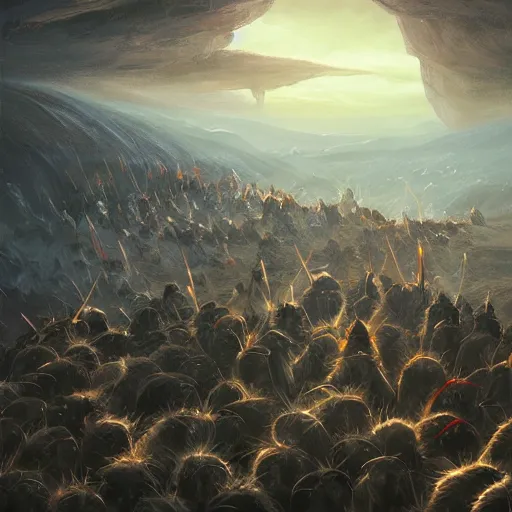 Prompt: a jessica rossier painting of a phalanx of ashigaru mice influenced by brian froud