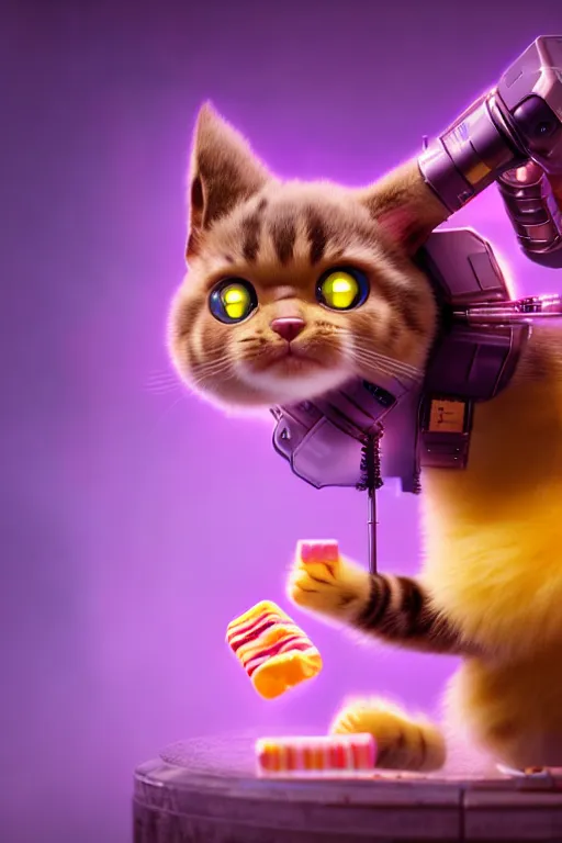 Prompt: high quality 3 d render very cute cyborg cat eating candy, cyberpunk highly detailed, unreal engine cinematic smooth, in the style of blade runner & detective pikachu, hannah yata charlie immer, moody light, low angle, uhd 8 k, sharp focus