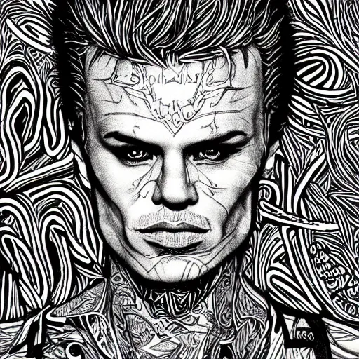 Prompt: Billy Idol, high detail, photorealistic, intricate line drawings, dotart, album art in the style of James Jean
