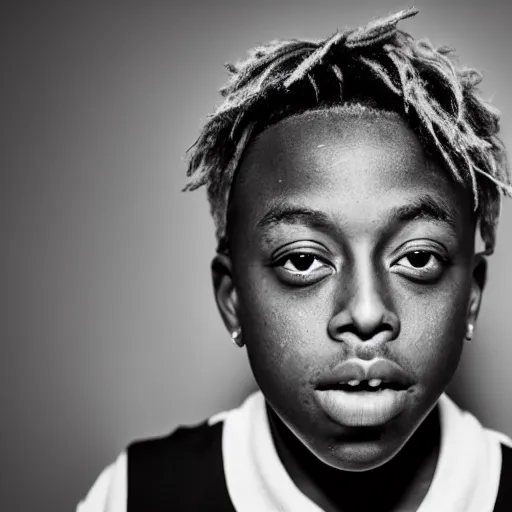 Prompt: the face of young juice wrld at 1 0 years old, black and white portrait by julia cameron, chiaroscuro lighting, shallow depth of field, 8 0 mm, f 1. 8