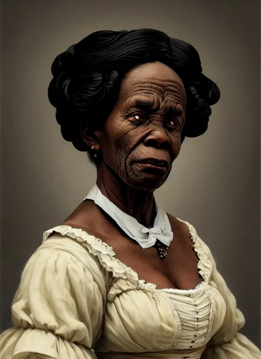 Prompt: a portrait of an old black woman with a crooked nose in victorian clothing, confident pose, intricate, elegant, sharp focus, illustration, highly detailed, concept art, matte, trending on artstation, anime, art by james jean and artgerm and brian despain and alberto mielgo, greg rutkowski, wlop, ilya kuvshinov, strong strokes