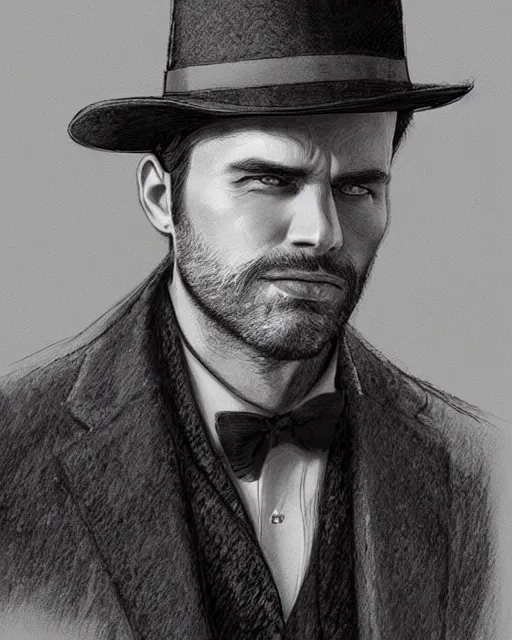 Image similar to portrait of a detective, zoomed in, noir, fedora, tweed coat, confident, handsome, heavy shading, vintage, high quality, by artgerm, artstation, ( ( ( by ilya repin ) ) )