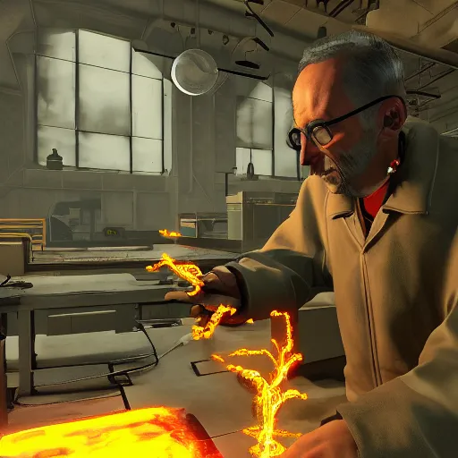 Image similar to atomic scientist making a discovery in the style of half life 2, 4 k