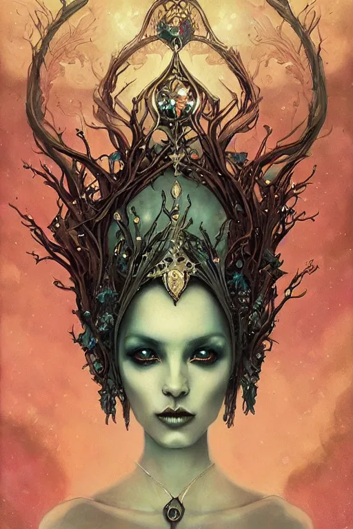 Image similar to jeweled Crown, other worldly, fairy necromancer court, bones, art nouveau, by Anato Finnstark, Tom Bagshaw, Brom