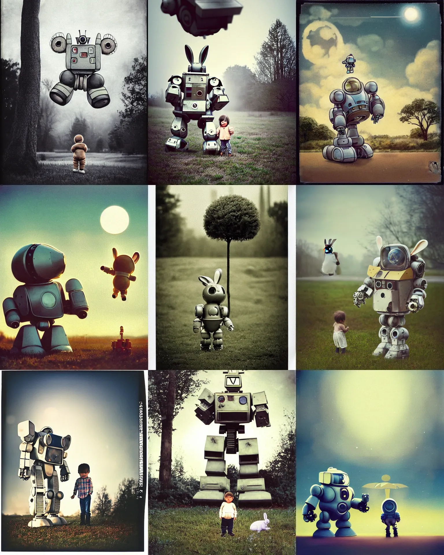 Prompt: giant oversized baby cute chubby battle robot mech with giant rabbit ears s as giant baby on village, Cinematic focus, small tree in far background, chubby little astronaut in background , Polaroid photo, vintage, neutral colors, soft lights, foggy ,by Steve Hanks, by Serov Valentin, by lisa yuskavage, by Andrei Tarkovsky