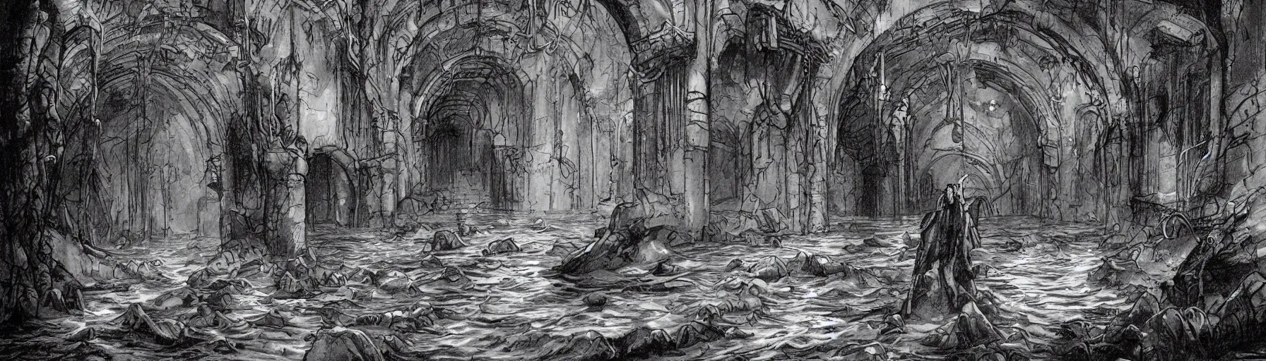 Prompt: deep water flows through waist - deep flooded sewer tunnels. fantasy art, underground, stream, crumbling masonry, darkness, sewage falling from grates, abandoned spaces, torchlight. sketch art. roots, mud, mushrooms, d & d.