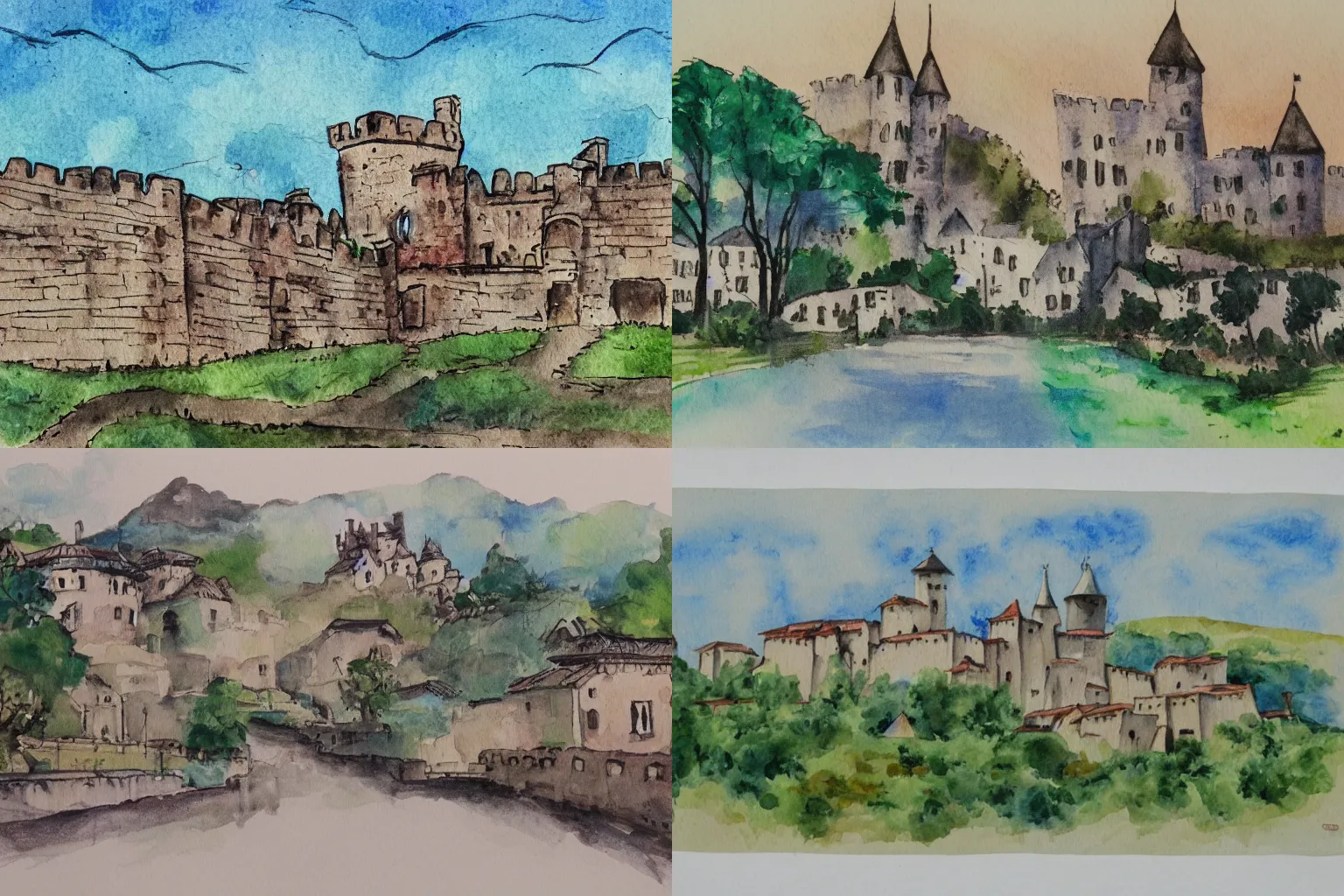 Prompt: castle town outskirts in the style of Gustavo Dore, water color painting