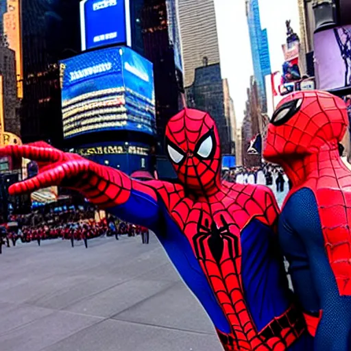 Image similar to a selfie spider - man took with donald trump at time square i'm nyc.