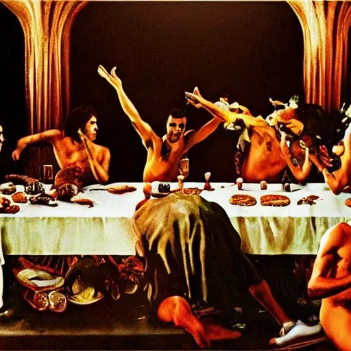 Image similar to album cover of freddie mercury in the last supper in the jungle eating hamburgers