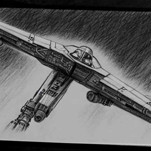 Prompt: X-Wing concept art sketch pencil paper Ralph McQuarrie