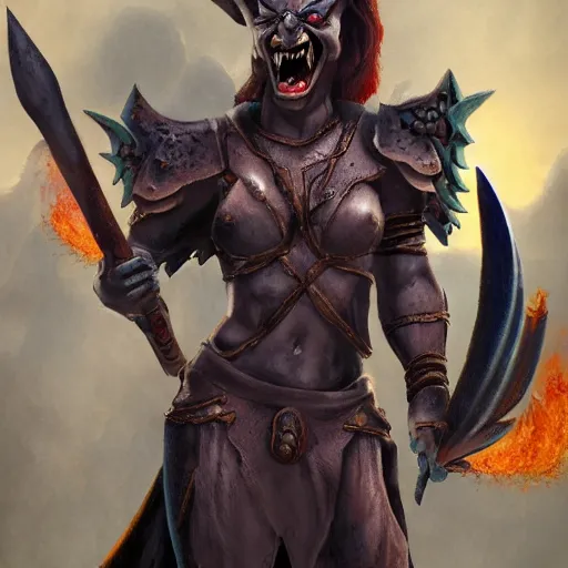 Prompt: disney's gargoyles!!!! female!! warrior! flaming sword ( devilish smile ) ( ( plate armor ) ) ( ( ( shield ) ) ), fantasy painting, concept art, 4 k