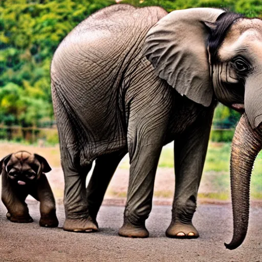 Image similar to a Elephant-Pug Hybrid, A Elephant that looks like a pug, huge tusks, afternoon hangout, good times photograph, candid