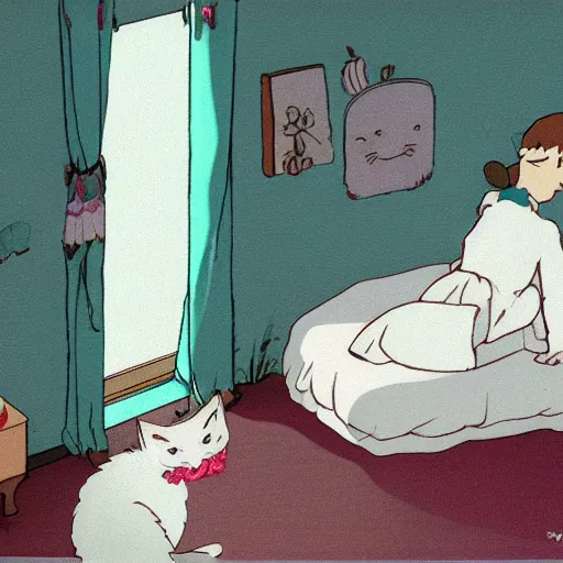 Prompt: a white ragdoll cat lies on the bed in the girl's bedroom, warm atmosphere, by studio ghibli