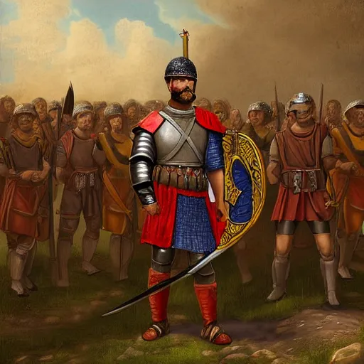 Image similar to a roman soldier in front of his army, ancient rome, digital art, steal armors