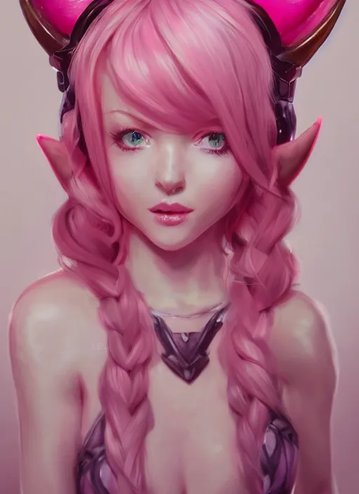 Prompt: a highly detailed illustration of cute smug pink haired pale girl with horns wearing great pink dress, dramatic smirk pose, intricate, elegant, highly detailed, centered, digital painting, artstation, concept art, smooth, sharp focus, league of legends concept art, wlop.