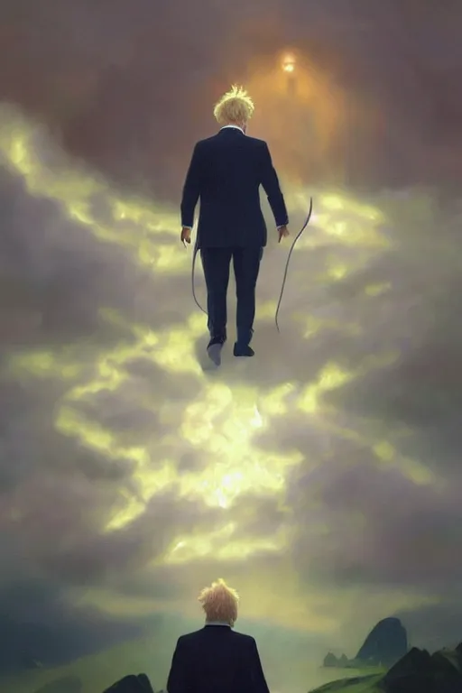 Image similar to a distant shot of Boris Johnson as Punsiher, masculine figure, bright hopeful atmosphere, volumetric lights, beam of bright light through the clouds, intricate, elegant, highly detailed, extremely detailed, digital painting, artstation, concept art, matte, smooth, sharp focus, hyper realistic, illustration, art by Artgerm and Greg Rutkowski and Alphonse Mucha