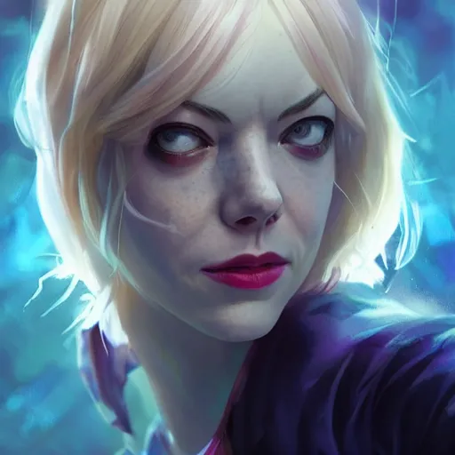 Image similar to Emma Stone as Spider-Gwen, artists portrait, futuristic, fantasy, highly detailed, digital painting, concept art, sharp focus, depth of field blur, illustration, art by artgerm and greg rutkowski and alphonse mucha