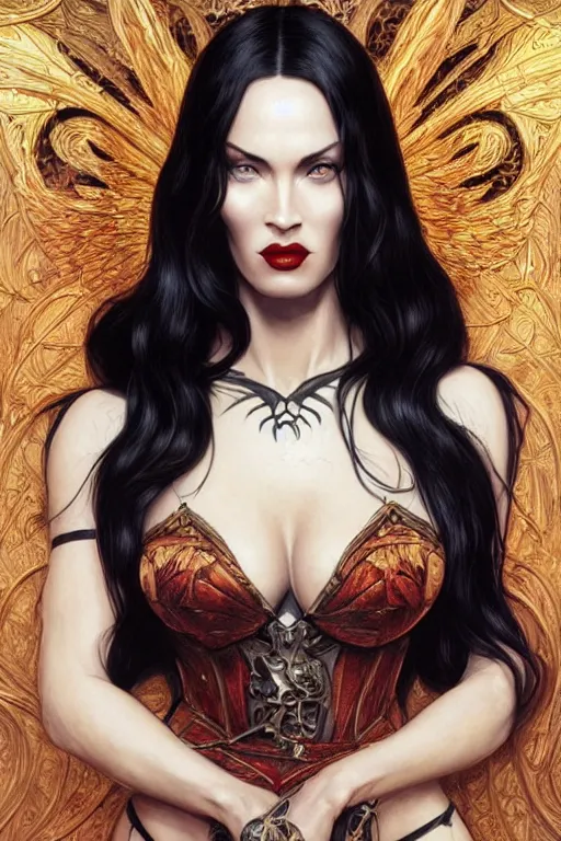 Image similar to ultra realistic illustration, megan fox as morticia addams from baldurs gate and diablo, intricate, elegant, highly detailed, digital painting, artstation, concept art, smooth, sharp focus, illustration, art by artgerm and greg rutkowski and alphonse mucha