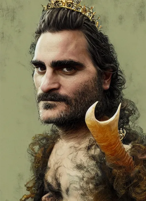 Image similar to a hyper detailed portrait of joaquin phoenix with a crown made of animals, cow horns, pig nose, sheep wool, chicken feather armor, by anna podedworna, by miklos ligeti, by diego maricato, by taran fiddler, by antonino truisi, by chris reddie, by jinsung lim, trending on artstation