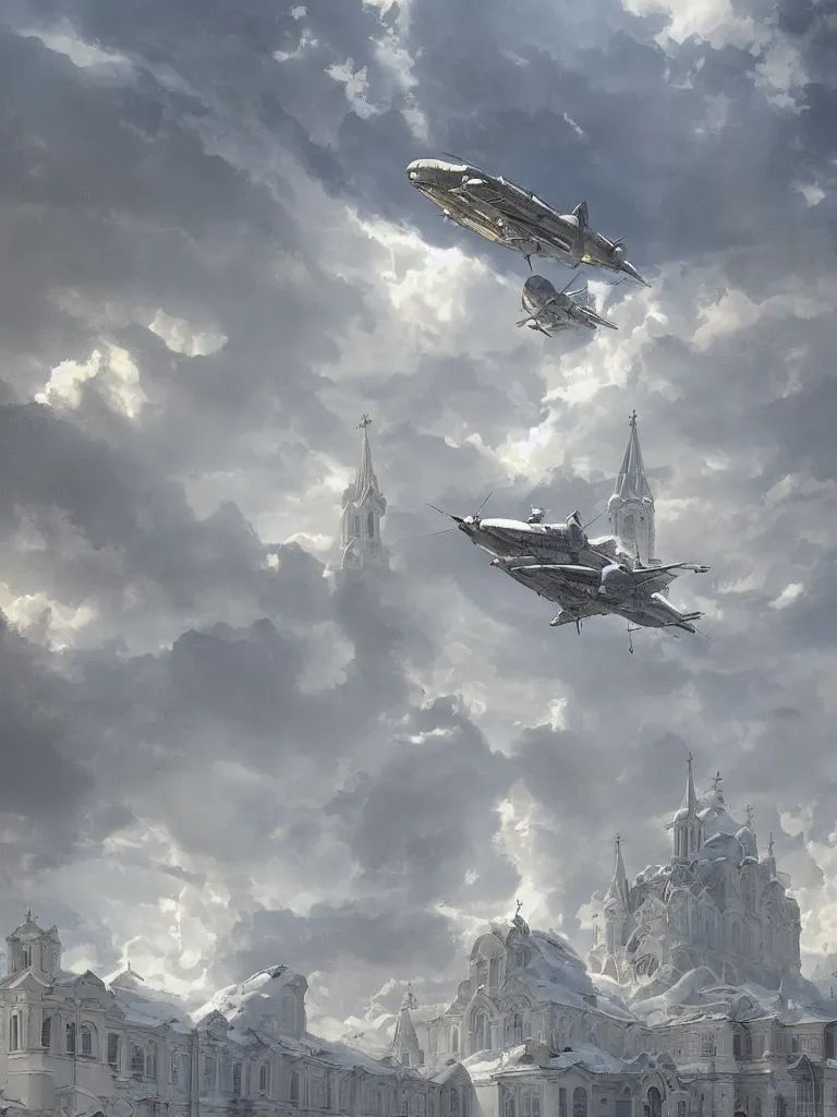 Prompt: a large dieselpunk airship is standing in the air over a splendid white church in russia, full morning sun, matte painting by greg rutkowski, james gurney