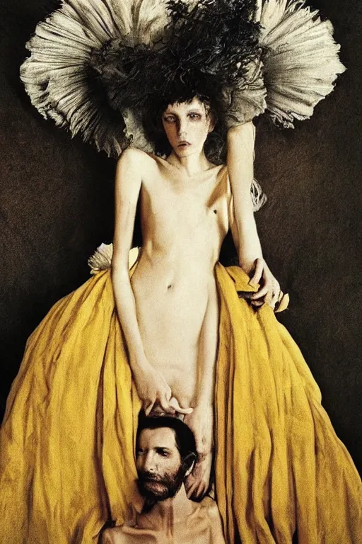 Image similar to hyperrealism fashion portrait by Roversi photo from The Holy Mountain by Alejandro Jodorowsky in style of Francisco Goya