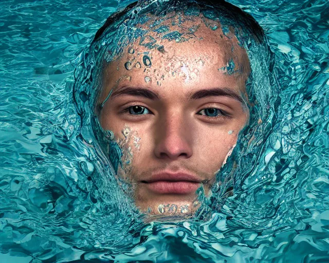 Image similar to water art manipulation of a surreal human head with open eyes burried in the ocean, shot from the top, hyper realistic, ray tracing, realistic water, sharp focus, 8 k resolution, cinematic