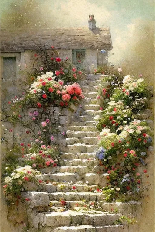 Image similar to ( ( ( ( ( 1 9 5 0 s retro future cottage stone steps and flowers. muted colors. childrens layout, ) ) ) ) ) by jean - baptiste monge,!!!!!!!!!!!!!!!!!!!!!!!!!