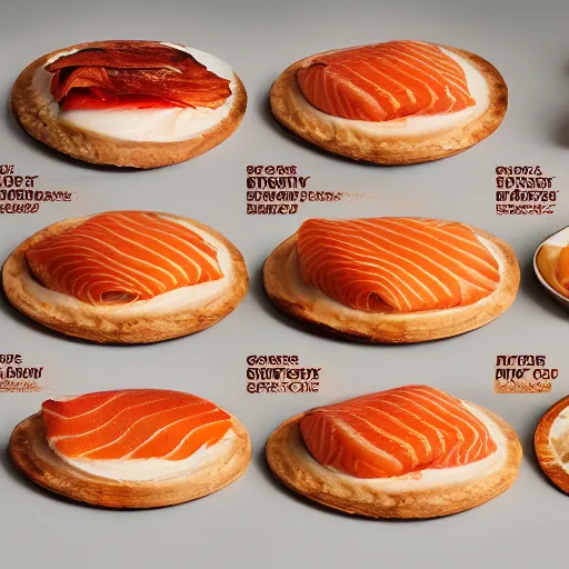 Image similar to thin pastry cases stuffed with smoked salmon and scallop, 8 k resolution, food photography, studio lighting, sharp focus, hyper - detailed