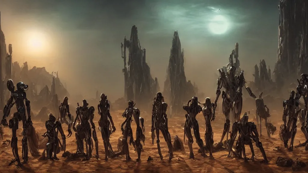 Prompt: a group of robot cultists gathering in the desert, robot occult, beautiful fantasy cyberpunk painting, dark foreboding magical atmosphere, cinematic lighting, hyperdetailed 3D matte painting, 8k ultraHD octane render, masterpiece