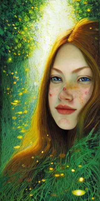 Image similar to infp woman, smiling, amazed by golden fireflies lights, sitting in the midst of nature fully covered, long loose red hair, intricate linework, green eyes, small nose with freckles, oval shape face, realistic, expressive emotions, dramatic lights, hyper realistic ultrafine art by artemisia gentileschi, albert bierstadt, artgerm