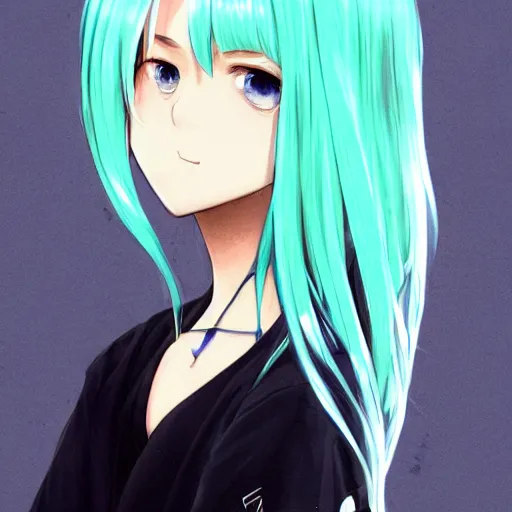 Image similar to profile shot of rimuru tempest, sky blue hair, straight hair, pretty, long bangs, amber eyes, all black jacket with white stripes, high collar, highly detailed, unreal engine 5, color block, digital painting, concept art, cinematic, wlop | artgerm, pixiv, greg rutkowski, ilya kuvshinov, andy warhol