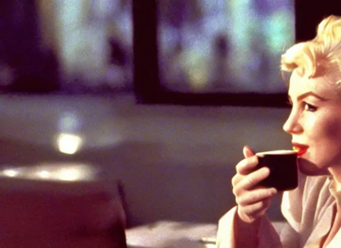 Image similar to A close-up, color cinema film still of a marlin monroe drinking coffee at a starbucks, ambient lighting at night, from Matrix(1999).