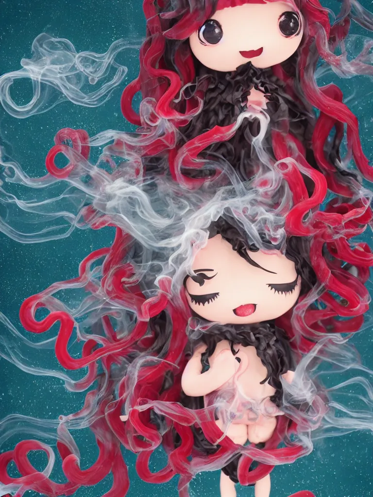 Image similar to cute fumo plush chibi gothic translucent octopus maiden princess girl washing her hair in the waves of the wavering dark galactic abyss, long black and red ruffled intricate dress with ribbons, ocean wave thunderstorm and reflective splashing water, wisps of smoke and haze and volumetric fog, ocean simulation, vignette, vray