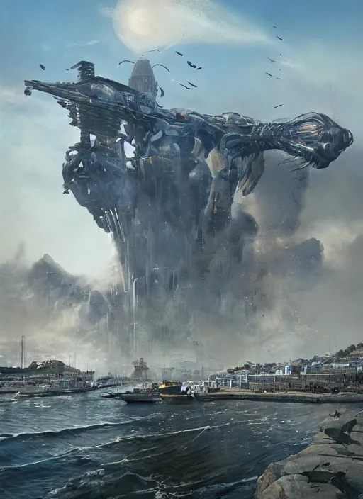 Image similar to hyper realistic robot attacking cape town city harbor beautiful details, strong composition, poster painted by weta studio rutkowski, james gurney and greg rutkowski, and lucasfilm