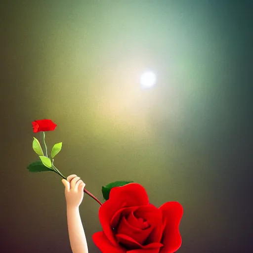 Image similar to cinematic scene of the little prince holding a red rose illustration, bokeh, octane render, award winning, trending on art station