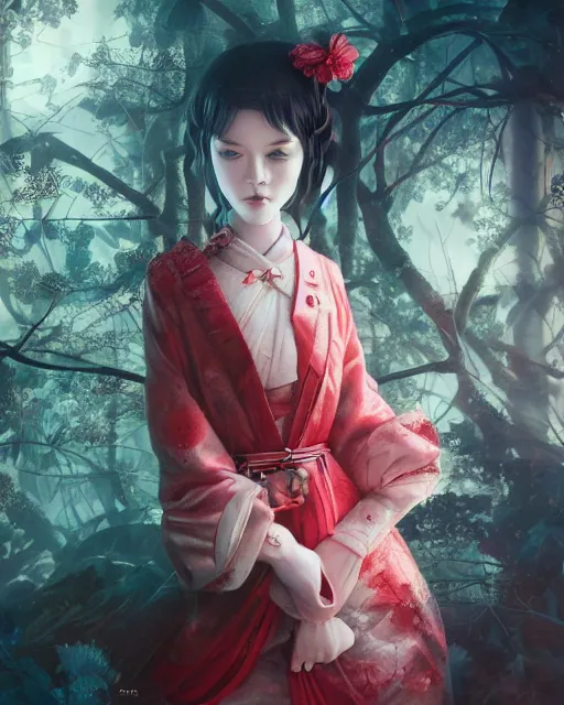 Image similar to detailed photo of pearl japanese doll, beautiful clothes, innocent, elegant red dress, 8 k, by tristan eaton, stanley artgermm, tom bagshaw, greg rutkowski, carne griffiths, trending on deviantart, hyper detailed, glorious lighting, epic environment