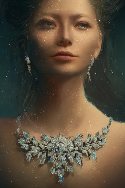 Image similar to A fancy portrait of a women wearing crystal jewelry by Greg Rutkowski, beeple, Sung Choi, Mitchell Mohrhauser, Maciej Kuciara, Johnson Ting, Maxim Verehin, Peter Konig, final fantasy, macro lens, 35mm, 8k photorealistic, cinematic lighting, HD, high details, dramatic, dark atmosphere, trending on artstation