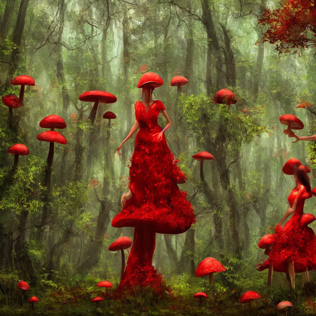 Image similar to Mushroom forest, biopunk, lush, vegetation, tall trees, godrays, falling leaves, woman, red dress, red mushrooms, digital art, 8k, trending on artstation