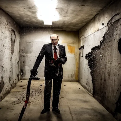 Image similar to putin with a chainsaw and a corpse. in a concrete bunker. focus on putins face with blood splatters. canon eos r 3, f / 1. 4, iso 1 6 0 0, 1 / 8 0 s, 8 k, raw, grainy