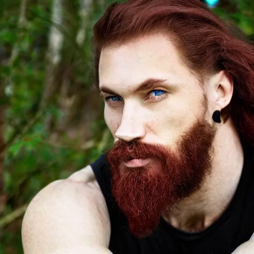 Image similar to soulful russian man with long wavy red hair, innocent green eyes, short goatee, and powerful muscles. wholesome, tender, kind!