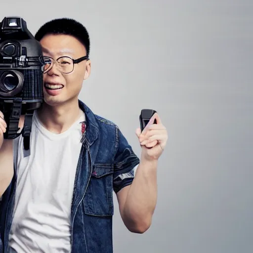 Prompt: Digital art of portrait of a Chinese man, holding a DSLR camera, excited facial expression, head-and-shoulders shot, white background, cute Pixar character, houdini 3D render