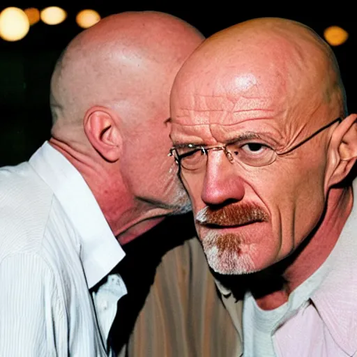 Prompt: Walter White and Mike Ehrmantraut kissing