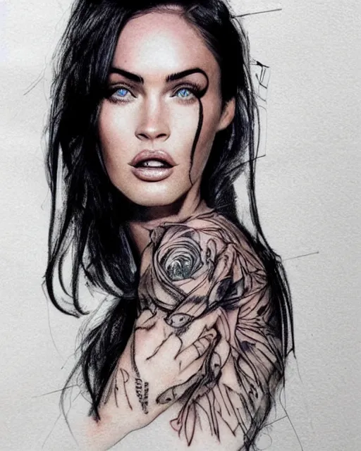 Image similar to double exposure effect tattoo design sketch of megan fox with amazing mountain scenery, realism tattoo, in the style of den yakovlev, amazing detail, sharp