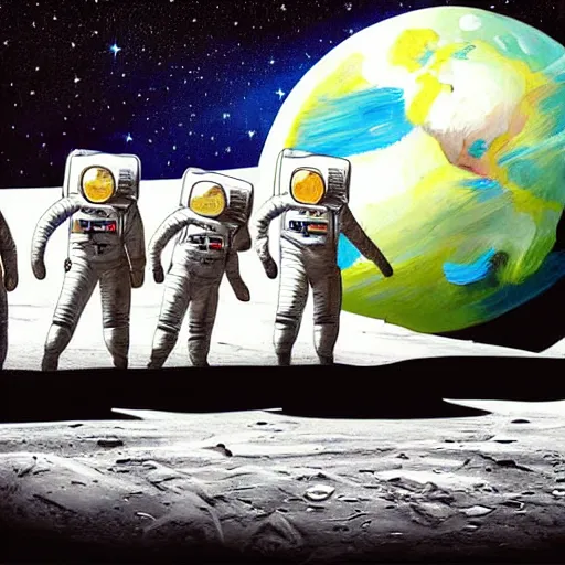 Image similar to astronauts walking on the moon with earth on the background, painting style of samdoesarts
