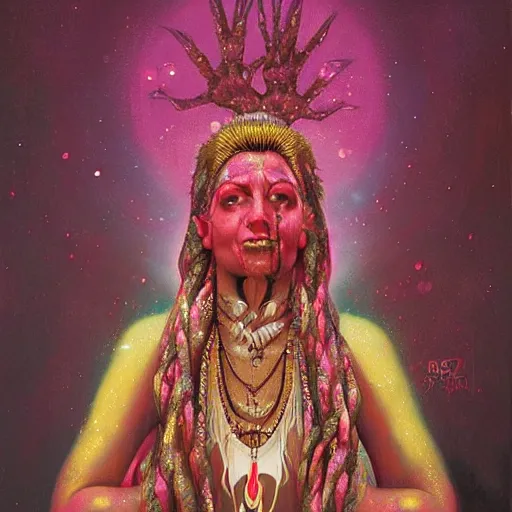 Prompt: wise old Indian guru, multiple arms, pink and gold , by Anato Finnstark, Tom Bagshaw, Brom