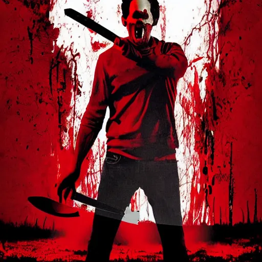 Image similar to dennis reynolds slasher movie poster black and red blood and knife horror film high detail angy expression